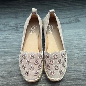 Crown Vintage Neutral Beige Espadrille Slip-On Flats with Gem Studs